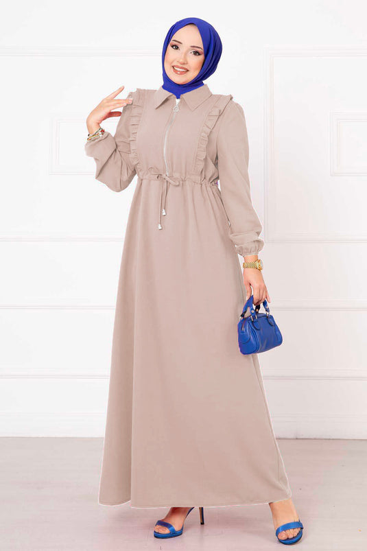 Robe hijab à volants et demi-fermeture éclair, couleur pierre