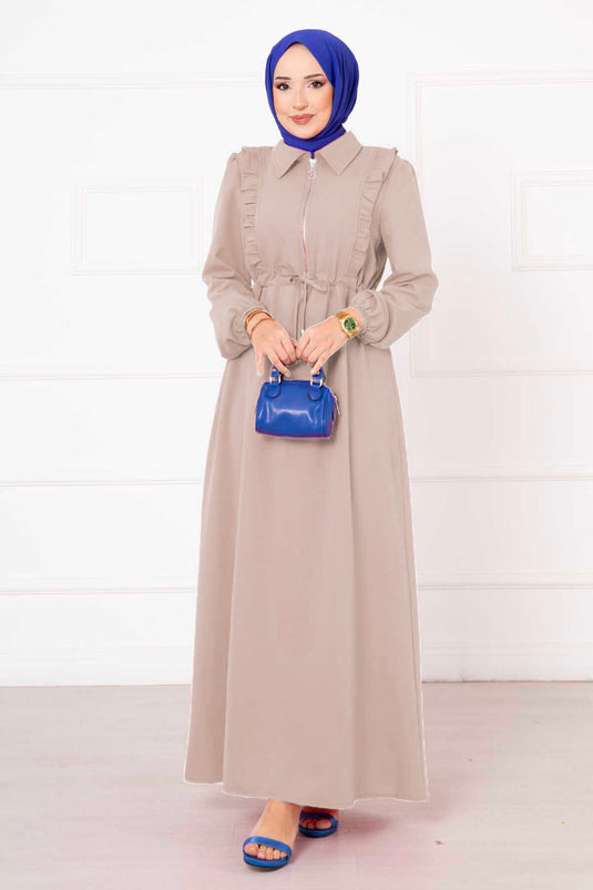 Robe hijab à volants et demi-fermeture éclair, couleur pierre