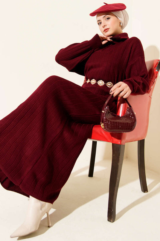 Robe en maille côtelée à demi-zip, bordeaux