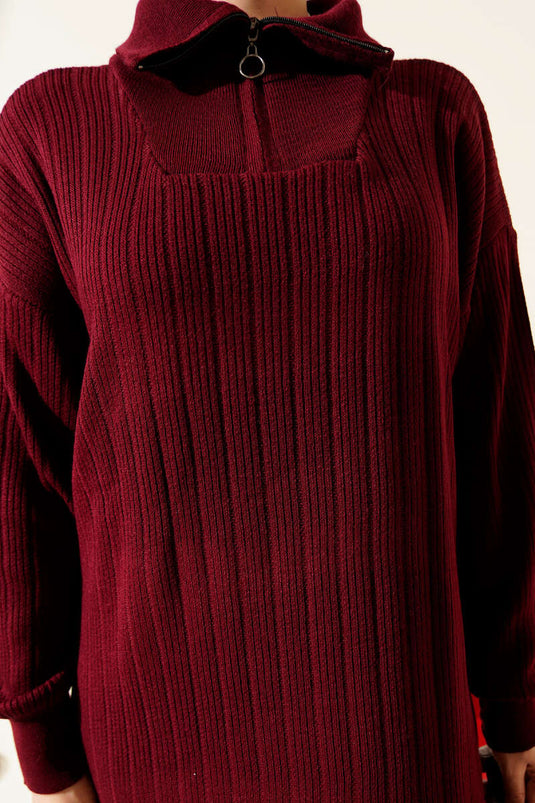 Robe en maille côtelée à demi-zip, bordeaux