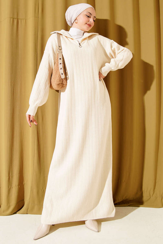 Robe en maille côtelée à demi-zip couleur pierre