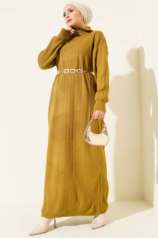 Robe en maille côtelée à demi-zip vert olive