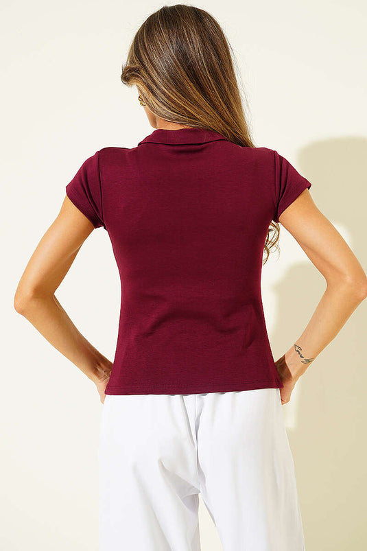 Yarım Fermuarlı Gömlek Yaka T-shirt Bordo