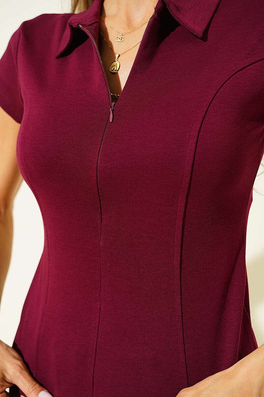 Yarım Fermuarlı Gömlek Yaka T-shirt Bordo