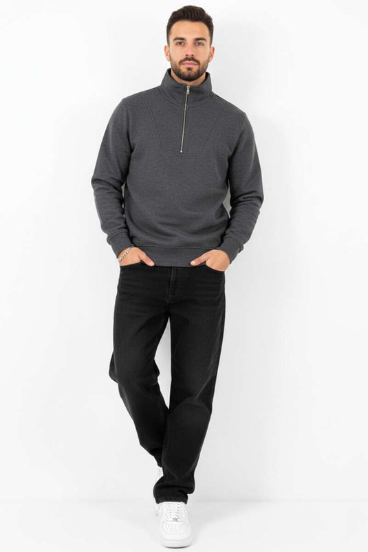 Yarım Fermuarlı İki İpli Erkek Sweatshirt Antrasit
