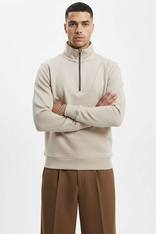 Yarım Fermuarlı İki İpli Erkek Sweatshirt Bej