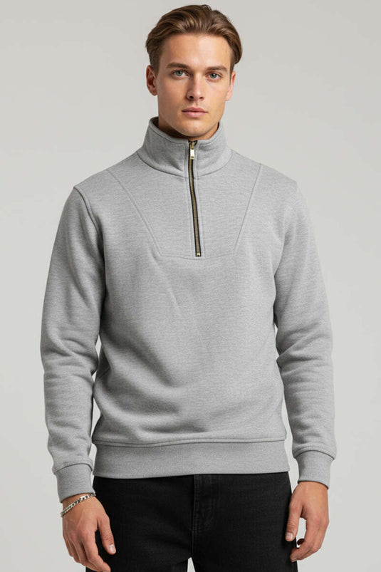Yarım Fermuarlı İki İpli Erkek Sweatshirt Gri