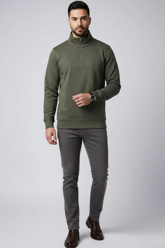 Yarım Fermuarlı İki İpli Erkek Sweatshirt Haki