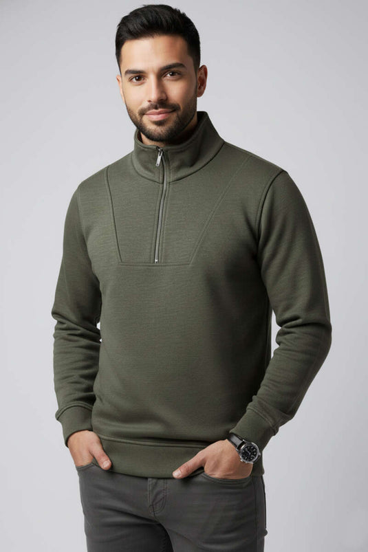 سويت شيرت رجالي بنصف سحاب ورباطين، لون كاكي