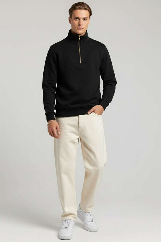 Yarım Fermuarlı İki İpli Erkek Sweatshirt Siyah
