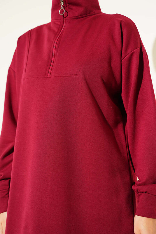 Zweiteiliges Set mit halbem Reißverschluss, zwei Kordelzügen, Burgunderrot