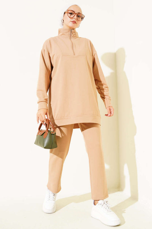 Zweikordel-Set mit halbem Reißverschluss in Kamel