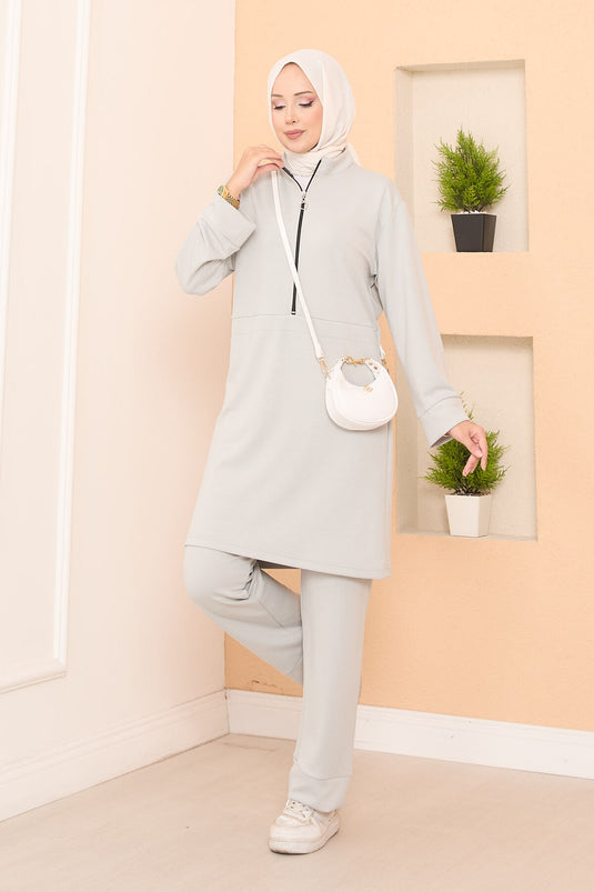 Half-Zipper Double Oyşo Set Gray