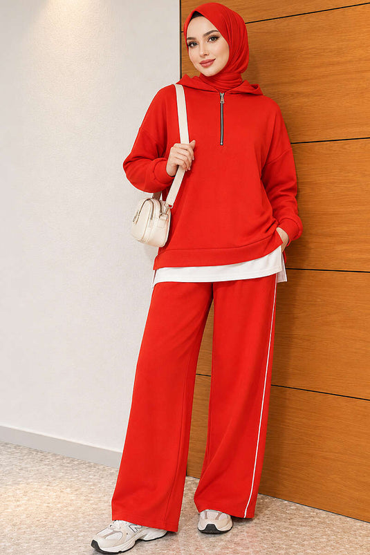 Conjunto De Sudadera Con Capucha De Media Cremallera Roja