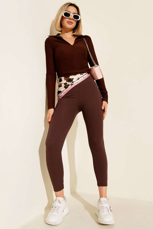 Blusa corsetto con mezza zip, marrone