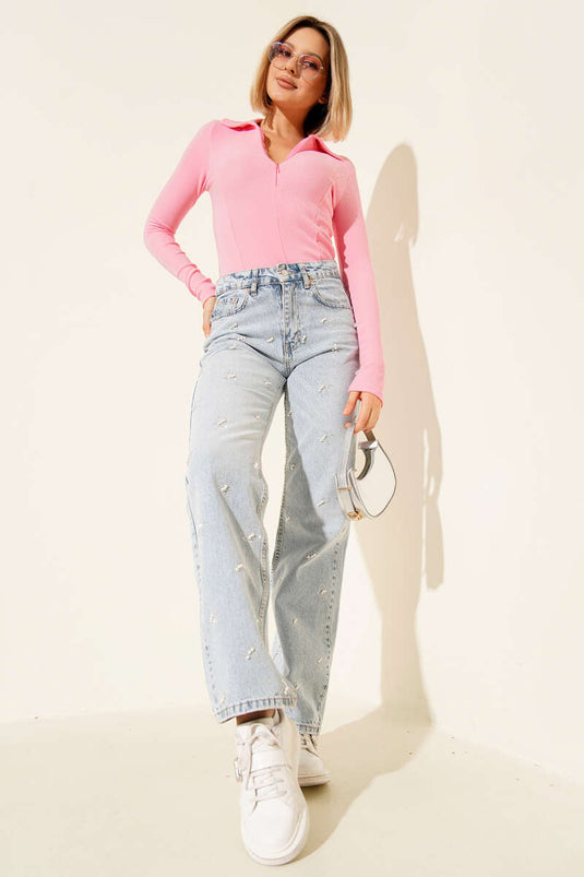 Rosa Korsettbluse mit halbem Reißverschluss