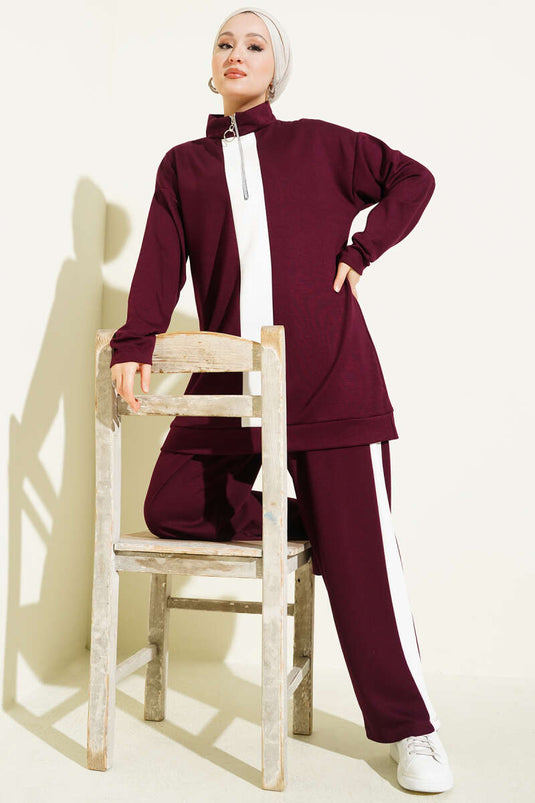 Yarım Fermuarlı Loyşa Şeritli İkili Takım Bordo