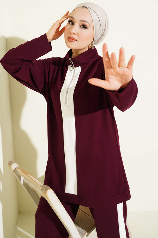 Yarım Fermuarlı Loyşa Şeritli İkili Takım Bordo