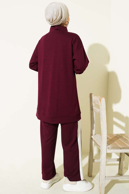 Yarım Fermuarlı Loyşa Şeritli İkili Takım Bordo