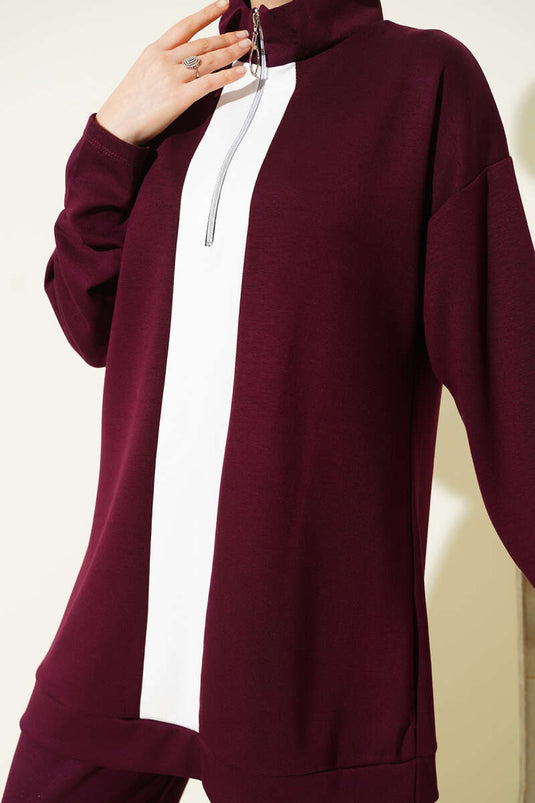 Yarım Fermuarlı Loyşa Şeritli İkili Takım Bordo