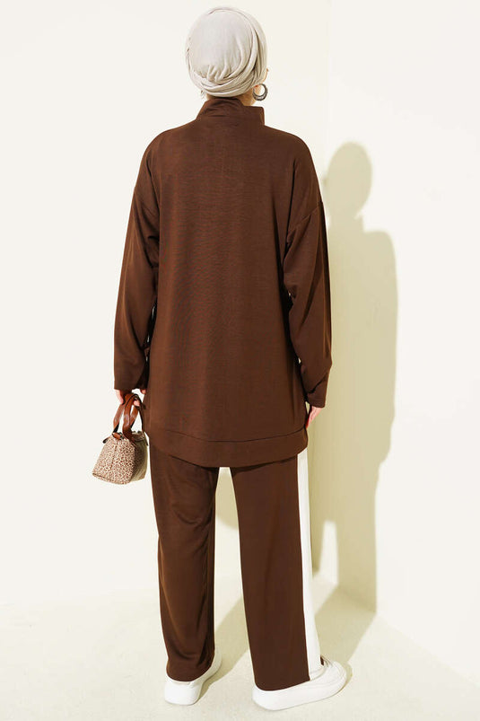 Yarım Fermuarlı Loyşa Şeritli İkili Takım Kahve