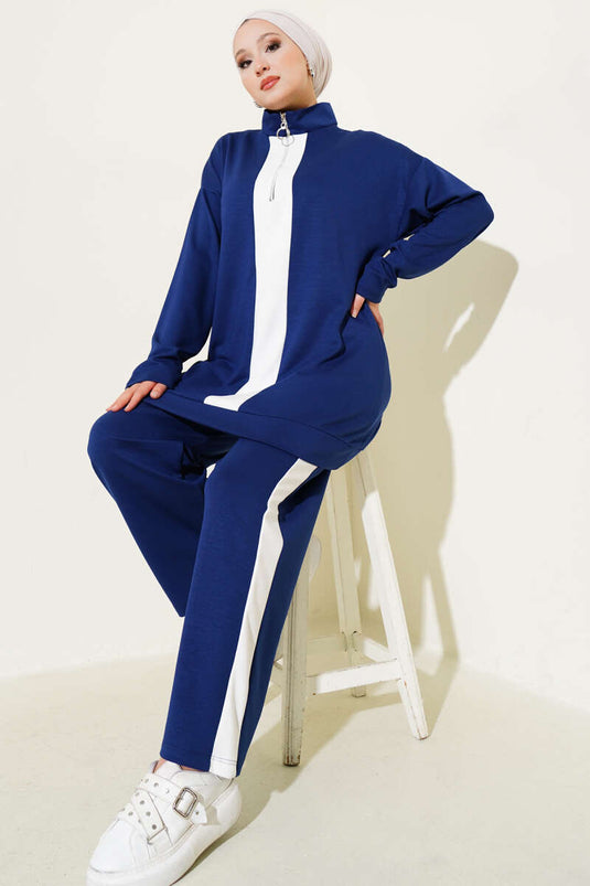 بدلة لويشا مخططة من قطعتين بسحاب نصف أزرق داكن