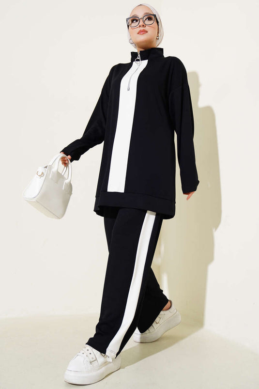 Half Zippered Loysha Striped Two Piece Suit Black