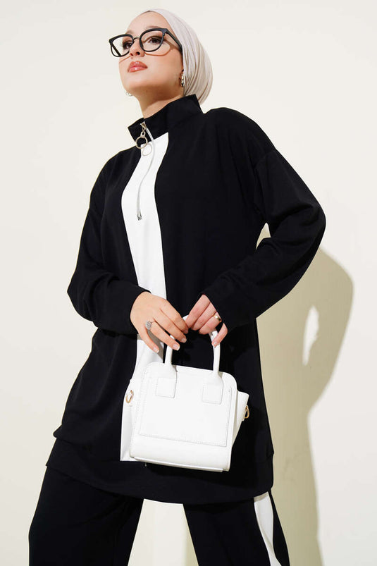 Half Zippered Loysha Striped Two Piece Suit Black