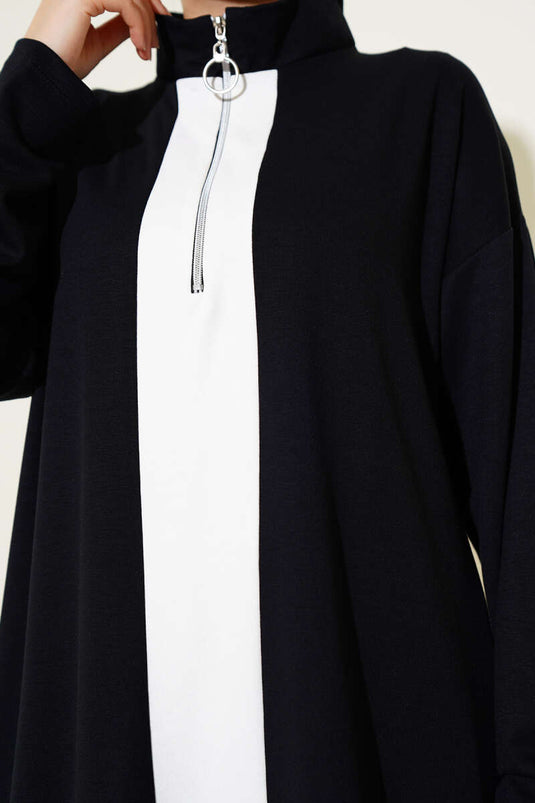 Half Zippered Loysha Striped Two Piece Suit Black