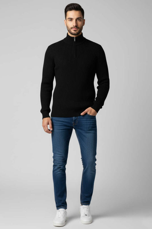 Herren-Strickpullover mit halbem Reißverschluss, Schwarz