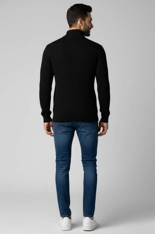 Herren-Strickpullover mit halbem Reißverschluss, Schwarz