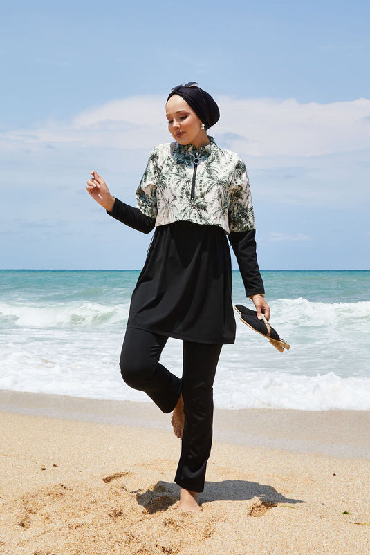 Half Zippered Palm Tree Patterned Modest Swimsuit Khaki