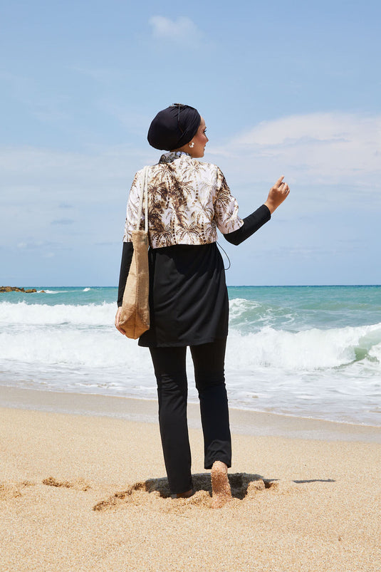 Maillot de bain modeste à demi-fermeture éclair et motif palmiers, marron