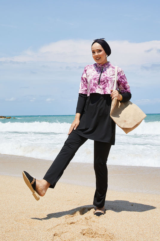 Yarım Fermuarlı Palmiye Desen Tesettür Mayo Mor