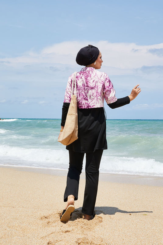 Yarım Fermuarlı Palmiye Desen Tesettür Mayo Mor