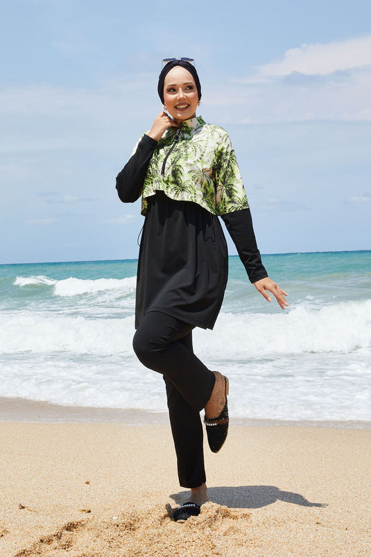 Maillot de bain modeste à demi-fermeture éclair et motif palmiers, vert