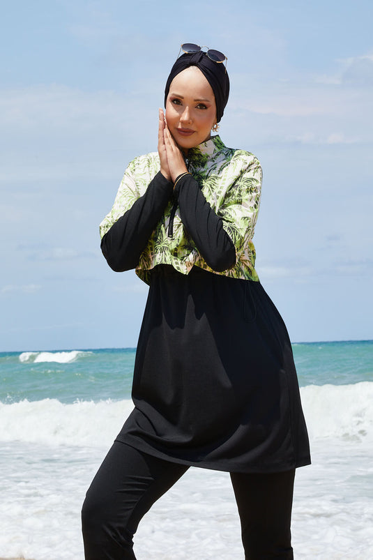 Maillot de bain modeste à demi-fermeture éclair et motif palmiers, vert