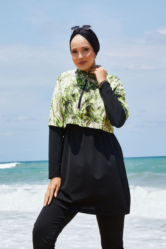 Maillot de bain modeste à demi-fermeture éclair et motif palmiers, vert