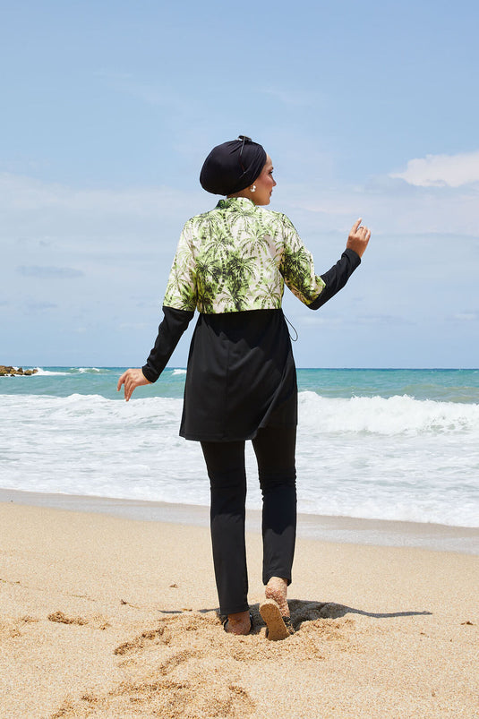 Maillot de bain modeste à demi-fermeture éclair et motif palmiers, vert