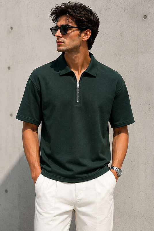 T-shirt homme col polo à demi-fermeture éclair vert olive