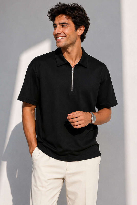 T-shirt homme noir à col polo avec demi-fermeture éclair
