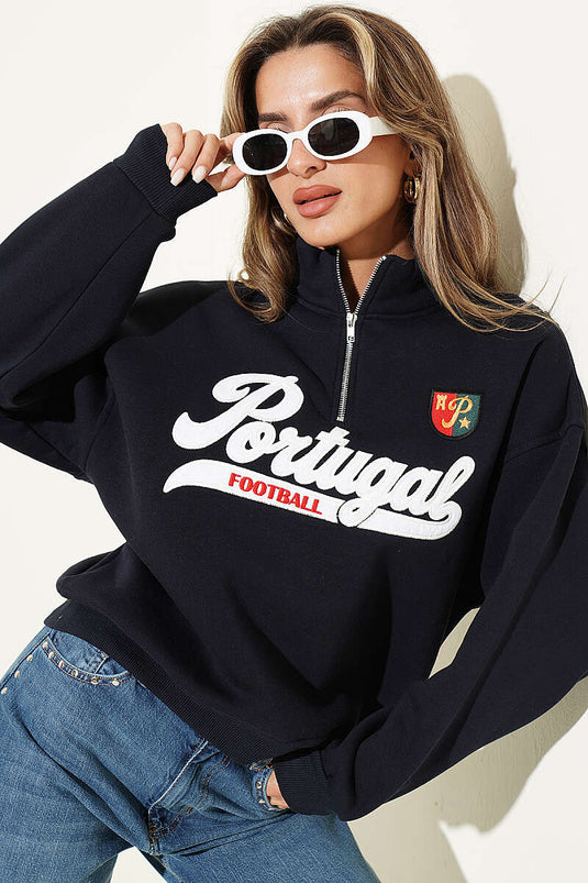 Yarım Fermuarlı Portugal Baskılı Sweatshirt Lacivert