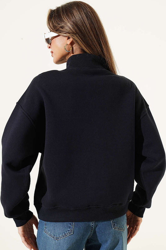 Yarım Fermuarlı Portugal Baskılı Sweatshirt Lacivert