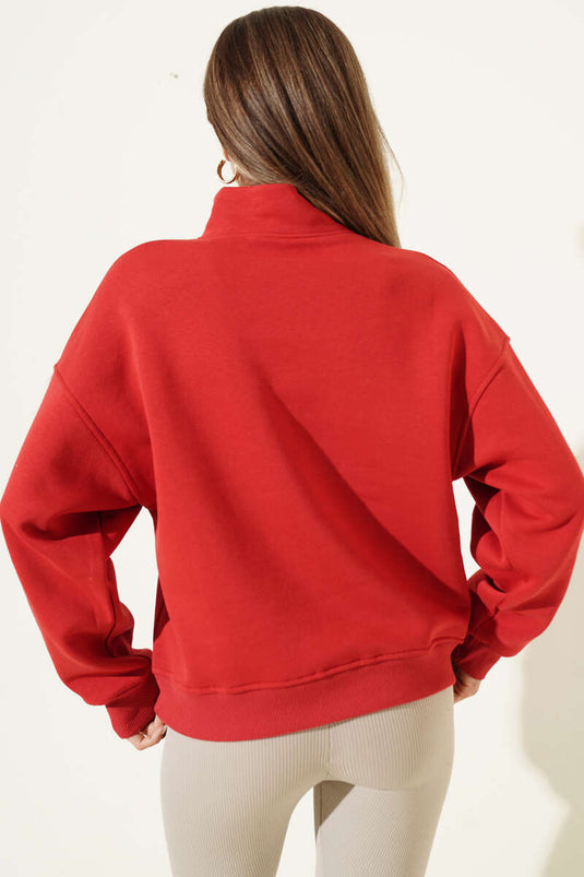 Yarım Fermuarlı Portugal Baskılı Sweatshirt Lacivert