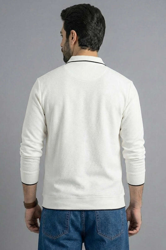 Sweat-shirt pour homme à demi-fermeture éclair et bord-côte écru