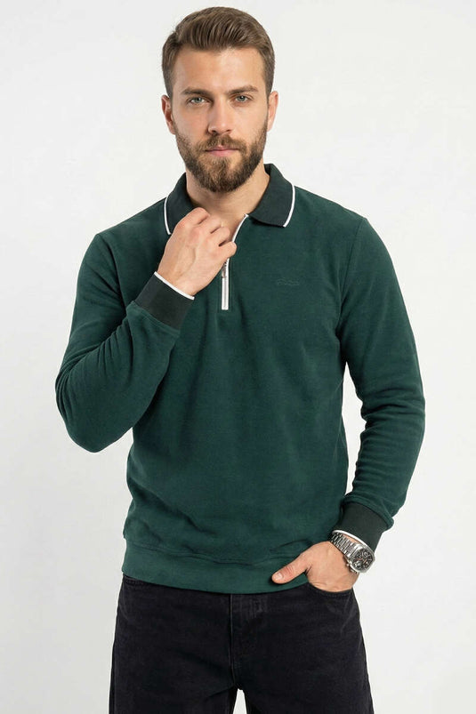 Sweat-shirt pour homme à demi-fermeture éclair et bord-côte vert olive