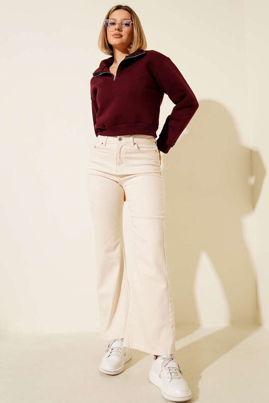 سويت شيرت قصير بنصف سحاب، لون عنابي