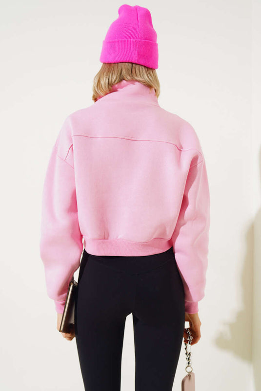 Sweat-shirt court rose à demi-zip