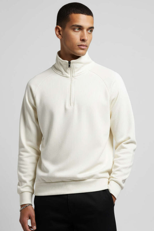 Yarım Fermuarlı Scuba Erkek Sweatshirt Ekru