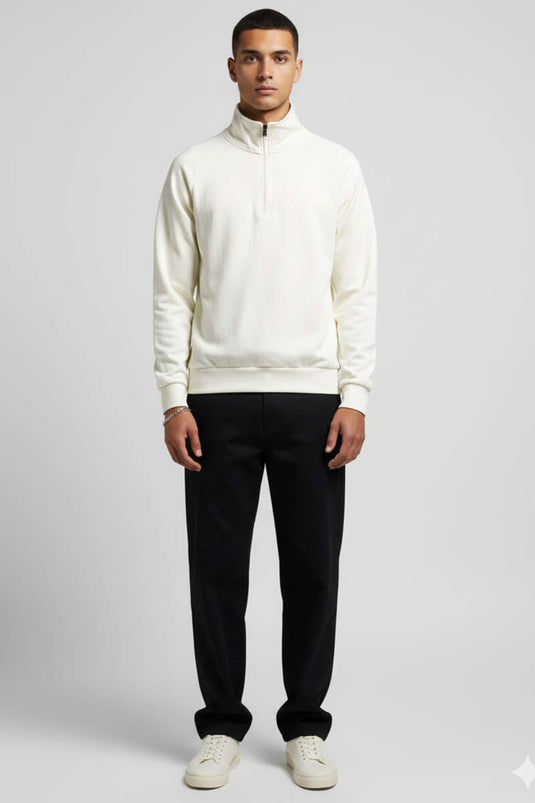 Yarım Fermuarlı Scuba Erkek Sweatshirt Ekru